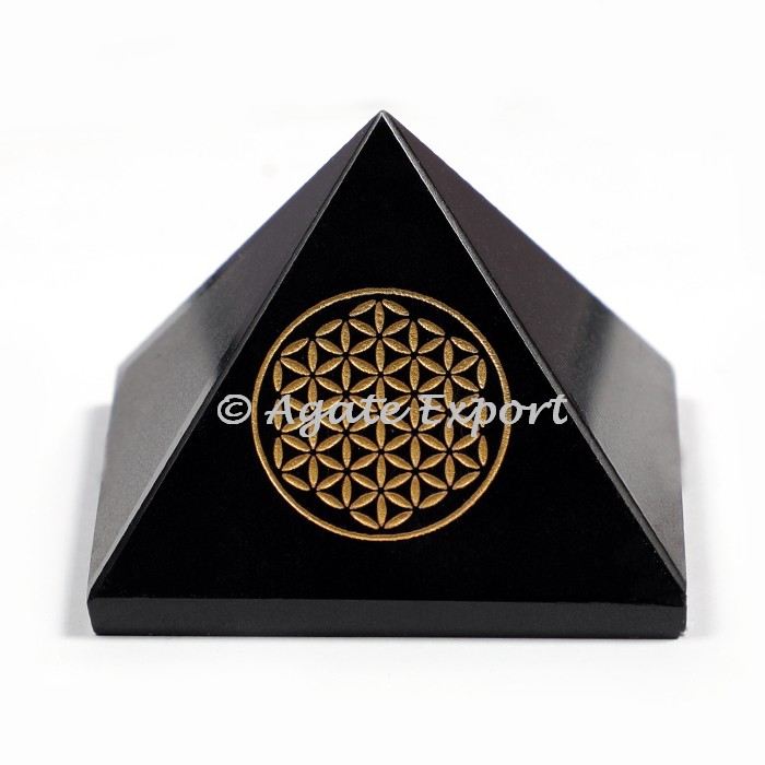 Black Agate Engraved Flower Of life Pyramids Wholesale - Buy Bulk Spheres - Pyramids (E-Per-009)