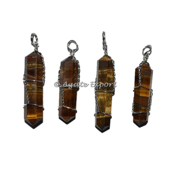 Colgantes envolventes de doble punta de ojo de tigre al por mayor - Comprar colgantes y cabujones al por mayor (W-Pendant-098)