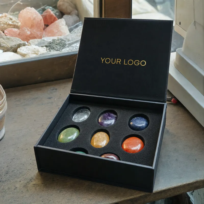 Rigid gift box with a YOUR LOGO foil print and chakra stones