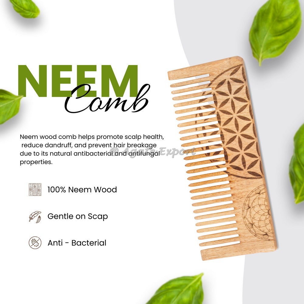 Neem Wood Comb with Flower of Life and Dreamcatcher Design Alternate