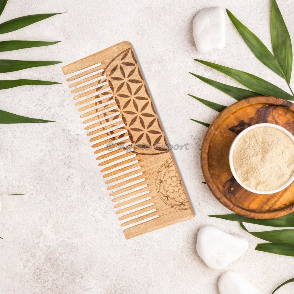 Neem Wood Comb with Flower of Life and Dreamcatcher Design Alternate
