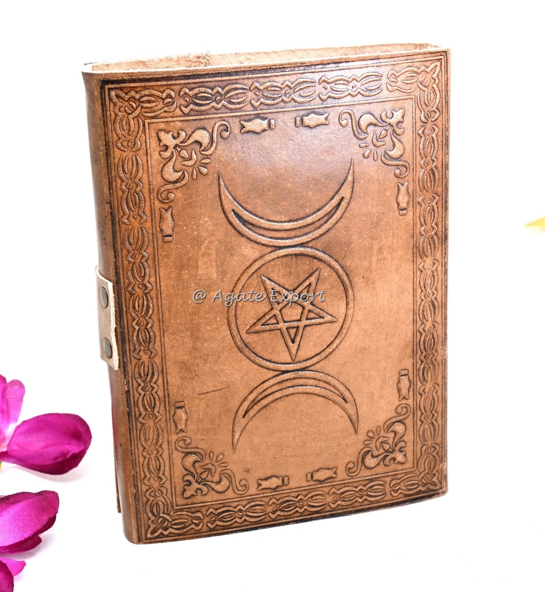 Leather Journal with Triple Moon, Pentacle, and Lapis Lazuli Inlay