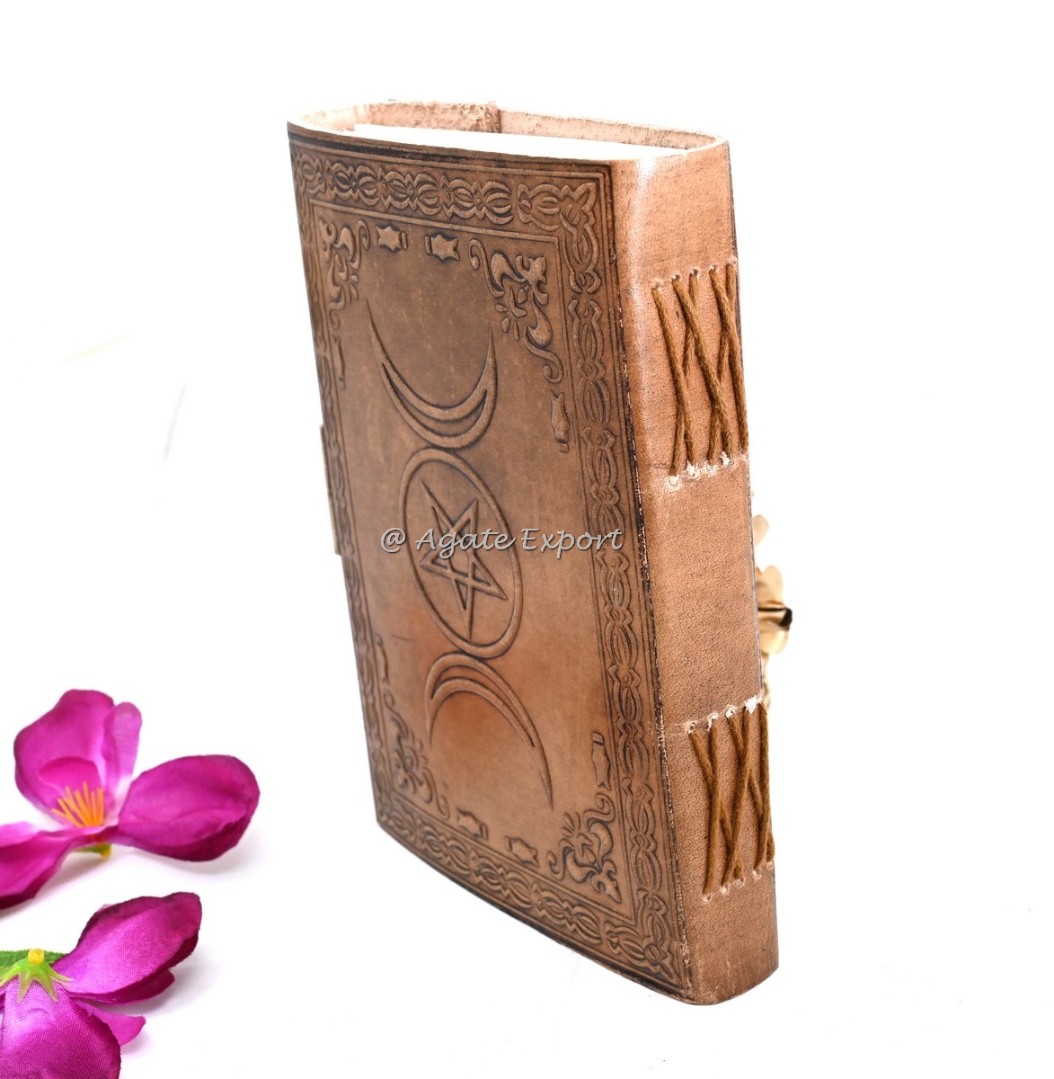 Leather Journal with Triple Moon, Pentacle, and Lapis Lazuli Inlay