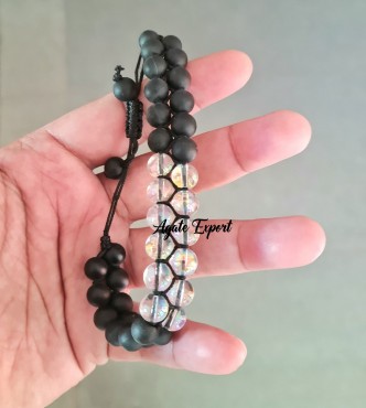 Black Matt with Aura Crystals Double Layer Beaded Bracelet