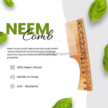 Neem Wood Comb with Chakra Symbols With Stone Floral Handle