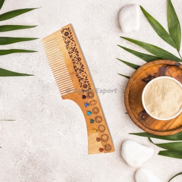 Neem Wood Comb with Chakra Symbols With Stone Floral Handle