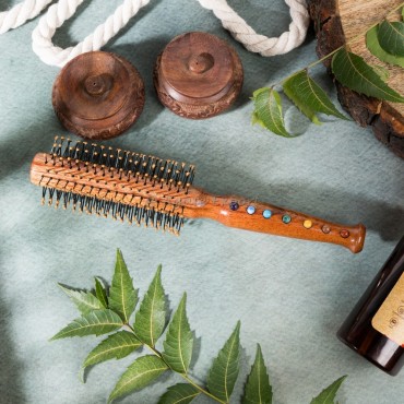 Neem Wood Round Hair Brush With Chakra Stones