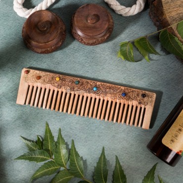 Floral With Chakra Stones Neem Wood Comb