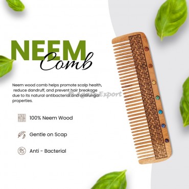 Neem Wood Comb with Intricate Pattern Chakra Stones