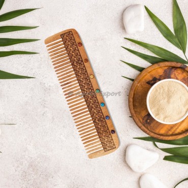 Neem Wood Comb with Intricate Pattern Chakra Stones
