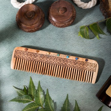 Neem Wood Comb with Intricate Pattern Chakra Stones