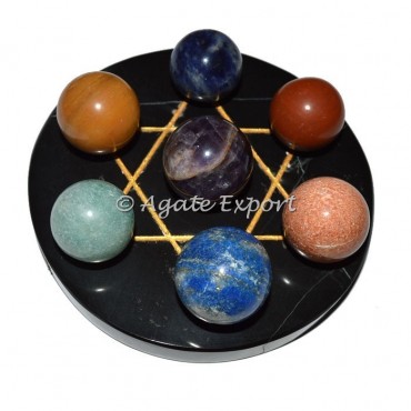 7 Chakra Ball on  Gold Star of David Black Agate Base