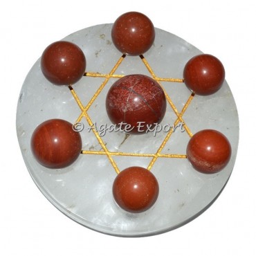 7 Red JAsper Ball on  Gold Star of David Crystal Base