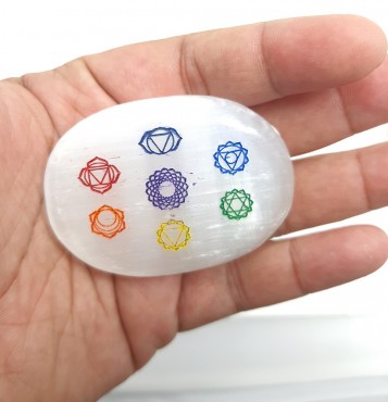 Engraved Colourful 7 Chakra Selenite Charging Plam Stone