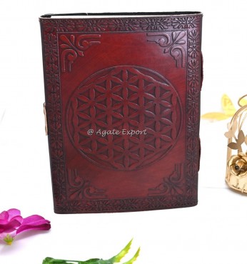 Leather Journal with Tree of Life Chakra Stones and Flower of Life Embossing