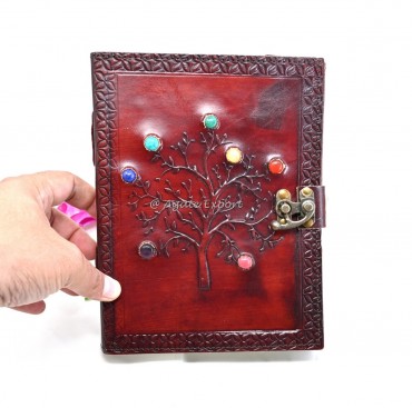 Leather Journal with Tree of Life Chakra Stones and Flower of Life Embossing