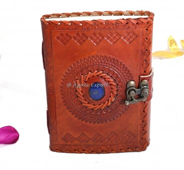 Leather Journal with Floral Mandala and Lapis Lazuli Inlay
