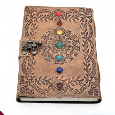 Leather Journal with Chakra Stones and Embossed Mandala Design