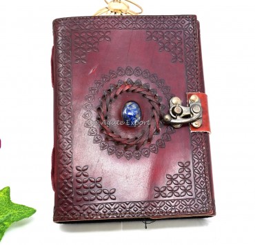 Red Leather Journal with Lapis Lazuli Inlay and Floral Embossed Design