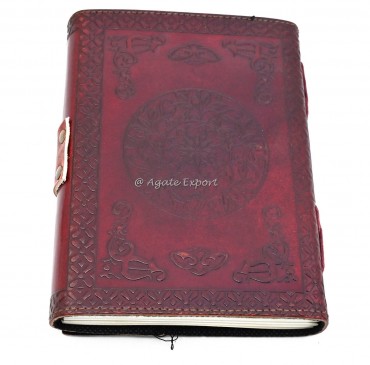Red Leather Journal with Lapis Lazuli Inlay and Floral Embossed Design