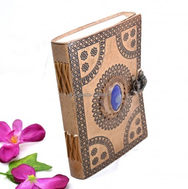 Leather Journal with Lapis Lazuli Inlay and Floral Embossed Design