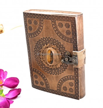 Leather Journal with Tiger Eye Stone Inlay and Floral Mandala Design