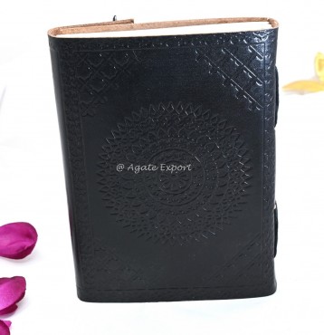Black Leather Journal with Embossed Design and Wooden Pencil Holder