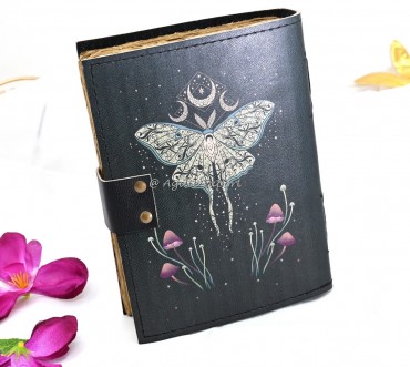 Leather Journal with Moth and Triple Moon Design Mystical Moon Phase Notebook