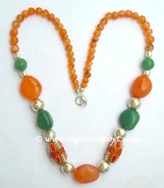 Red Carnelian Beads And Green Av. Tumble Necklace.
