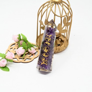 Orgonite Amethyst Obelisk With Moon Phases Engraved