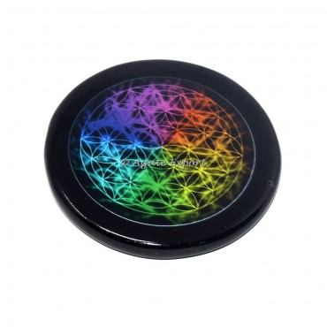 Flower of Life Chakra Printed Black Agate Coaster