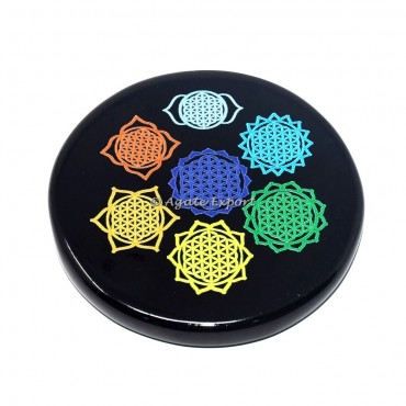 7 Chakra Flower Of Life Printed Black Agate Coaster