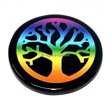 Rainbow Seven Chakra Tree of life Printed Black Agate Coaster