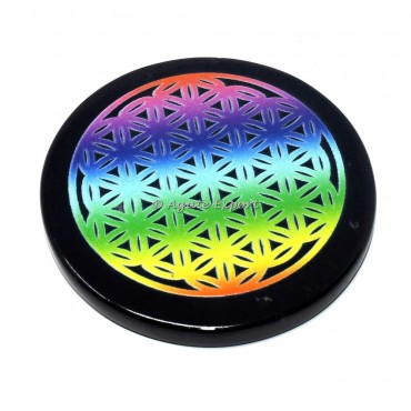 Rainbow Flower Of Life Printed Black Agate Coaster