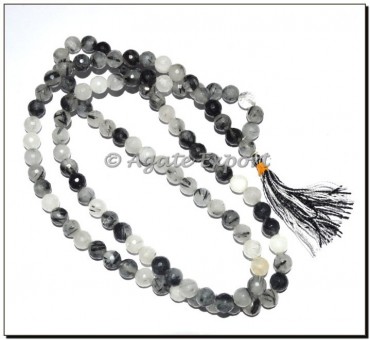 Black Rutile Quartz Faceted Jap Mala