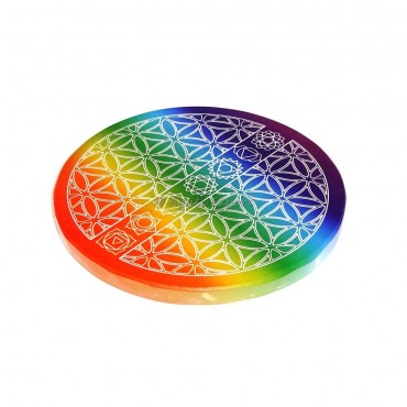 Flower Of Life With Chakra Rainbow Selenite Charging Plate