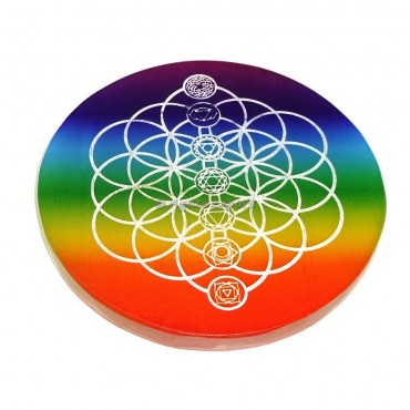Flower of Life With Chakra Symbol Selenite Charging plate
