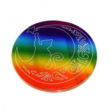 Rainbow Cat With Moon Engraved Selenite Charging Plate