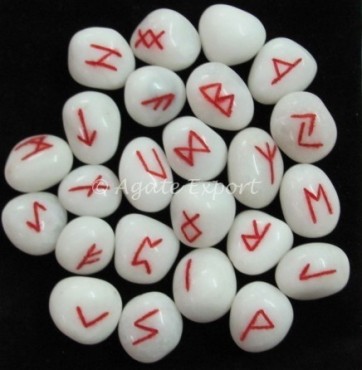 White Agate Rune Stones With Red Carved.