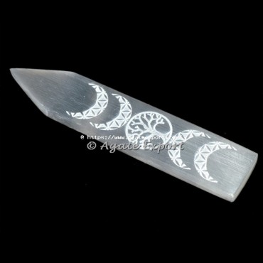 Tree Of Life With Moon Engraved Selenite Wand